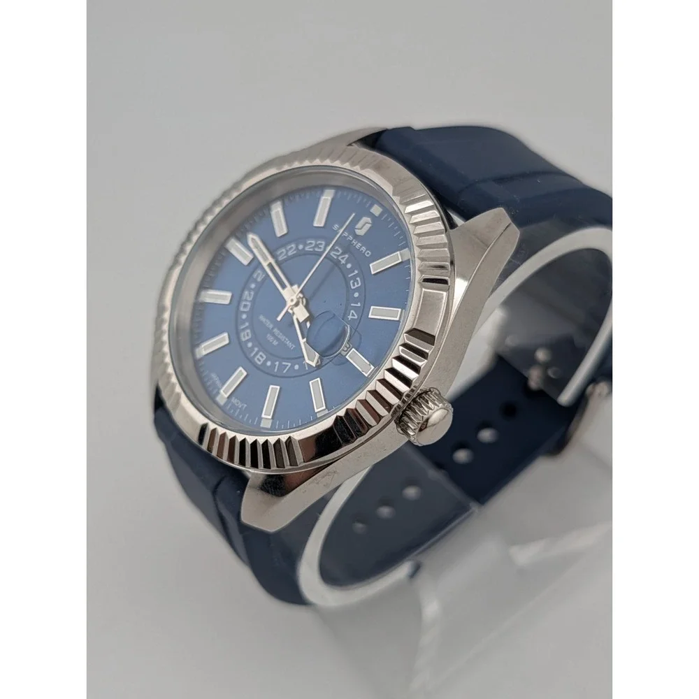 SAPPHERO Men's Quartz Watch 44mm Silver Case Blue Silicone Band- New Battery
